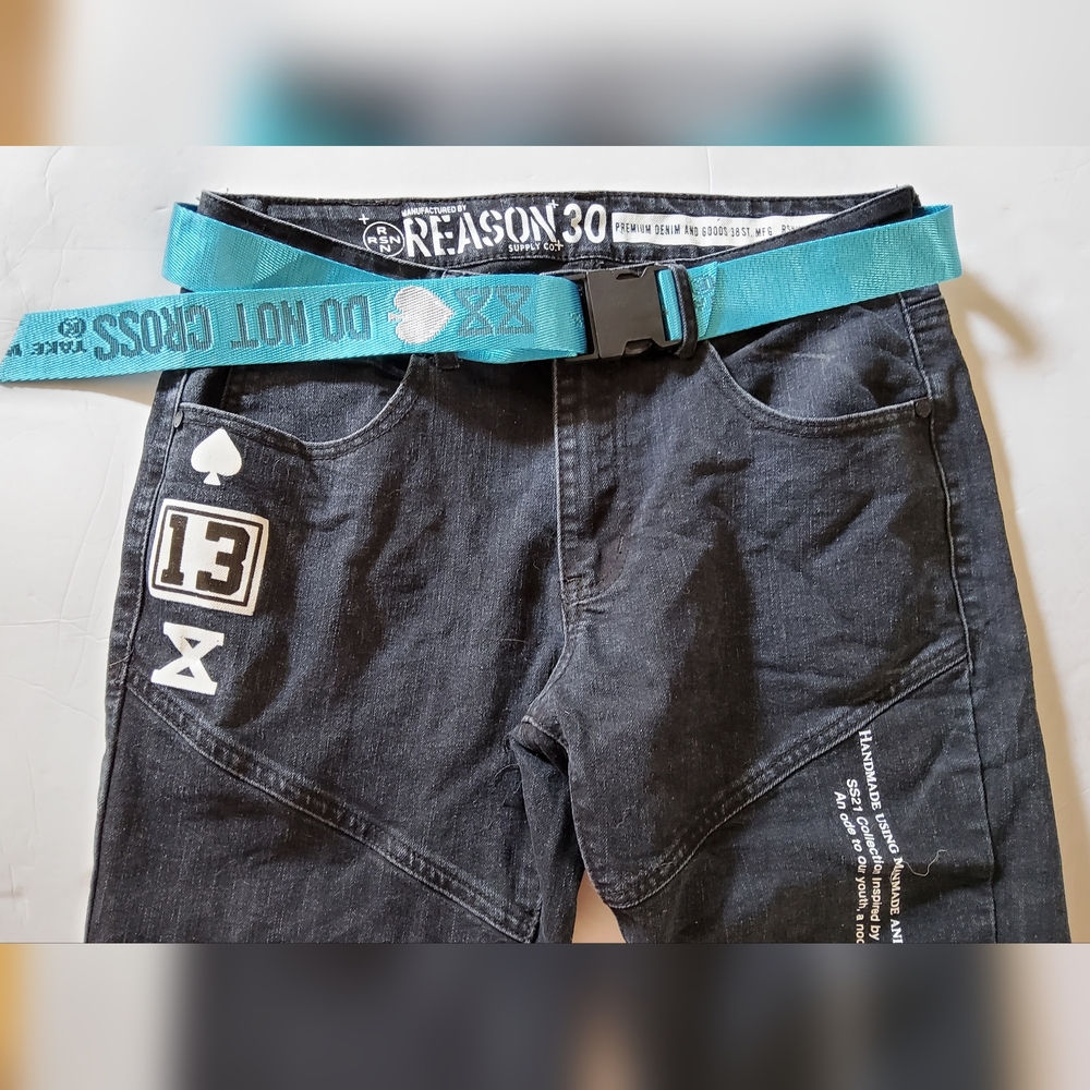 Reason Men's Black Jeans with Lots Of Words/graphics &  Teal Belt